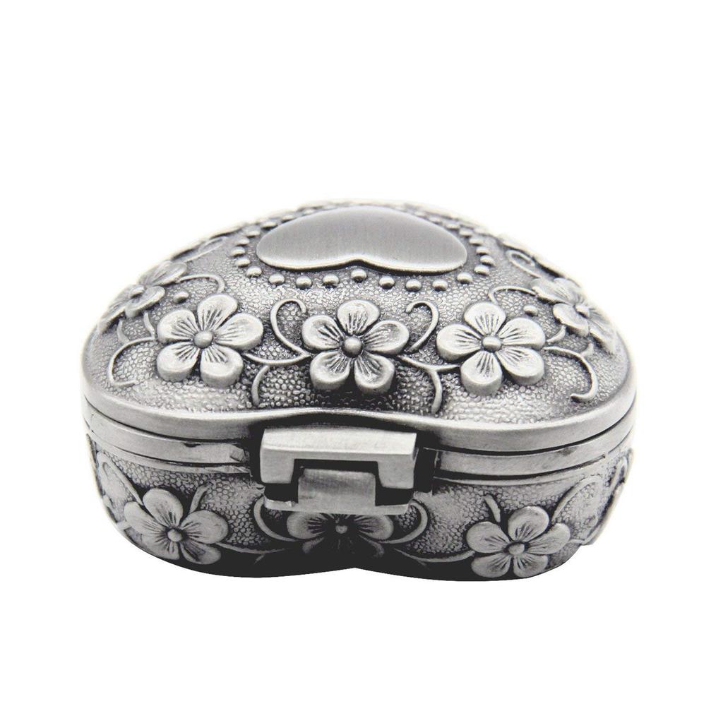 ABWR-2X Classic Vintage Antique Heart Shape Jewelry Box Ring Small Trinket Storage Organizer Chest Christmas Gift,Silver
