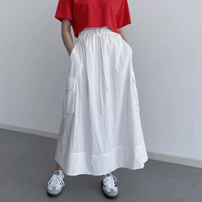Sør-Korea elegant vårfarget retro allsidig elastisk midje snøring med store lommer design løst avslappet cargoskjørt for kvinner