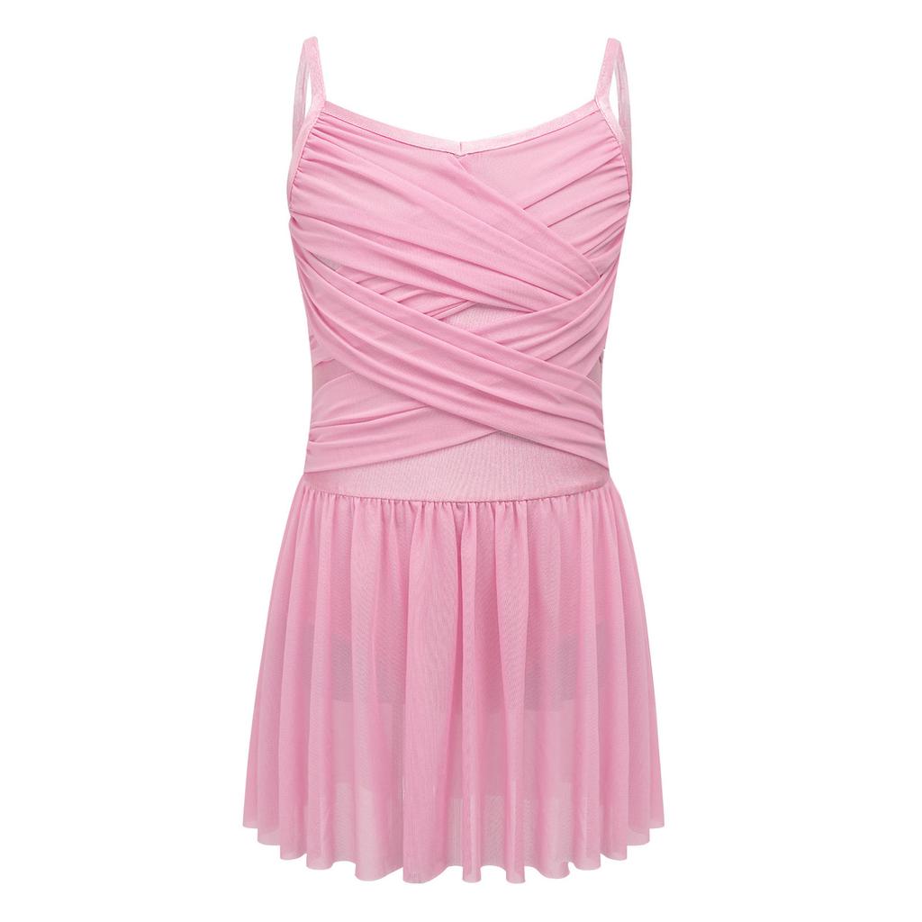 Girls Ballet Mesh Dance Dress Spaghetti Straps Cutout Back Cross Ruched Front Built In Briefs