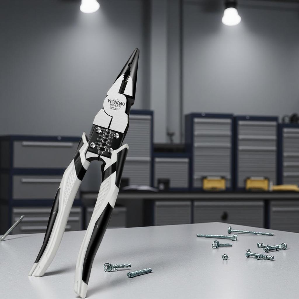 This tool pliers set includes a large pliers set with an knife that doubles as a a long nose pliers a wire pliers and a needle nose pliers three-piece