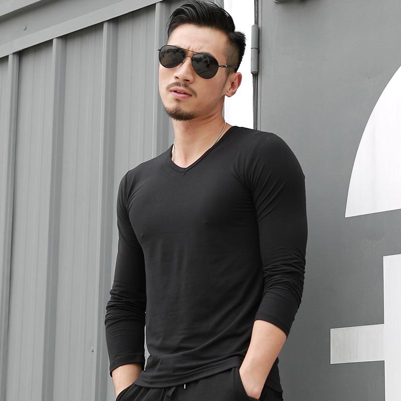 Men's Solid Color Long-Sleeve V-Neck T-Shirt - Casual Spring/Autumn Bottoming Shirt