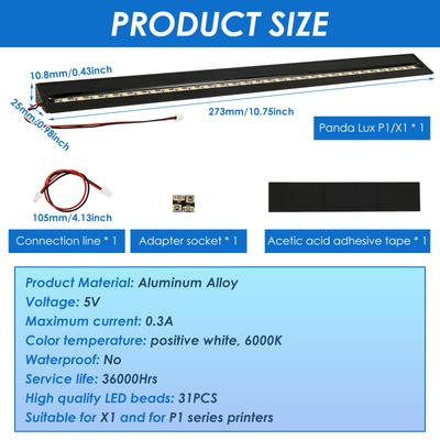 3D Printer LED Light Bar Kit Compatible with Bambu-Lab P1P/P1S/X1C/X1E 3D Printers Magnetic Installation Aluminum Alloy LED Ligh