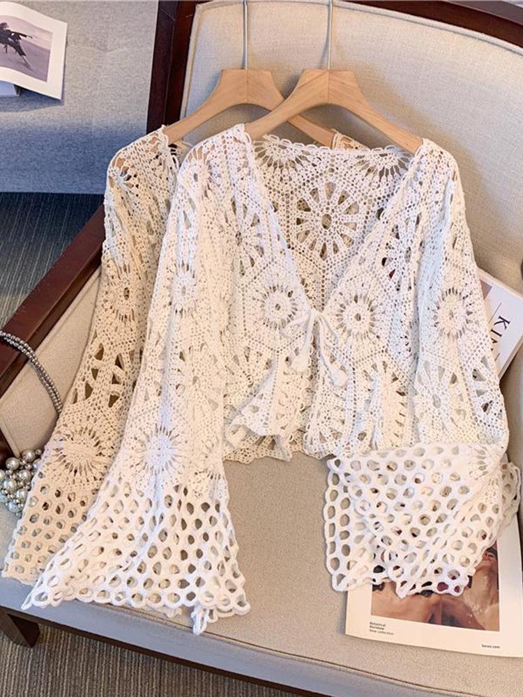 Cárdigan Chal de Ganchillo Bohemio con Cordones - Estilo Verano Resort para Mujer, Top de Manga Larga