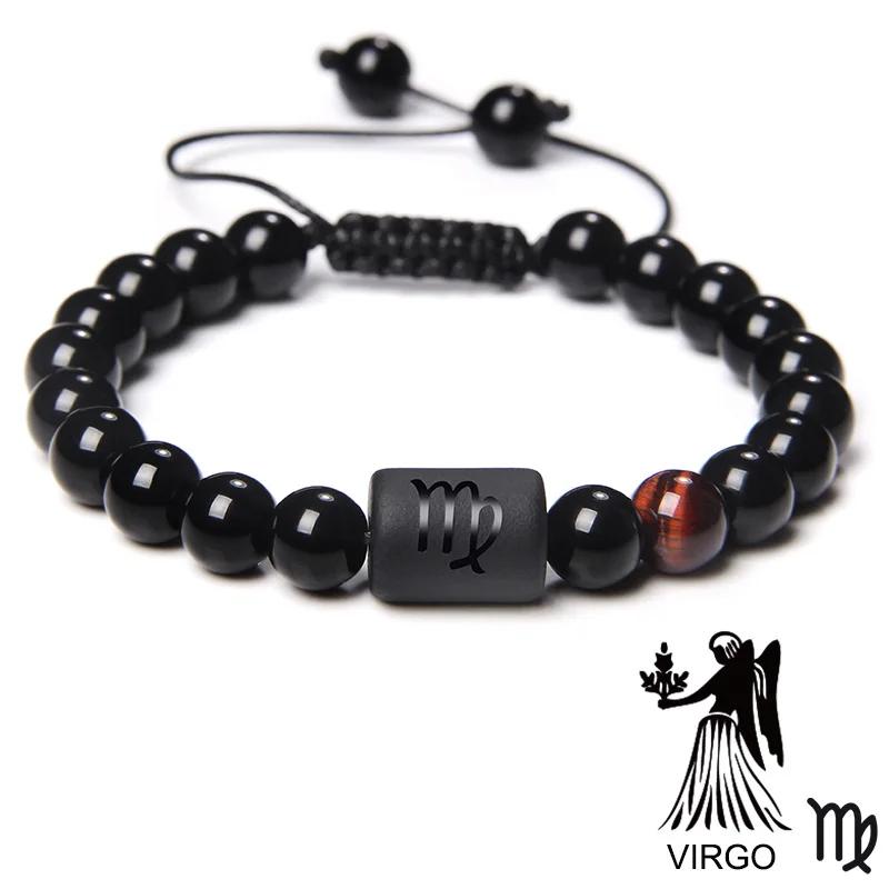12 Constellation Zodiac Signs Bracelet Black Onyx Beads Cancer Leo Onyx Braided Bracelet for Women Men Couples Jewelry Gift