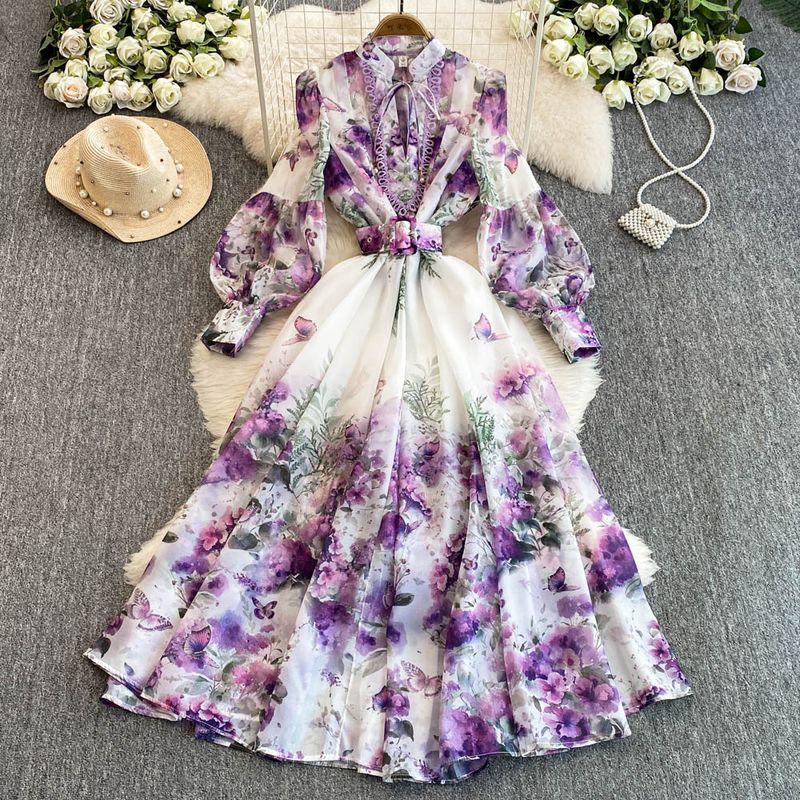 

Flower Series Spring Clothing for Women 2025 New Arrival Fancy Print Silm Long French Lantern Sleeve Elegant Dress Purple M