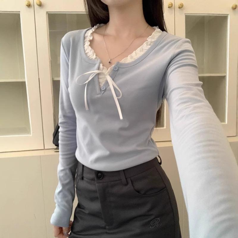 Frühling Herbst Rüschen Schnürung Patchwork T-Shirt Damen Lässig Mode Pullover T-Shirt Langarm Unterteil Top