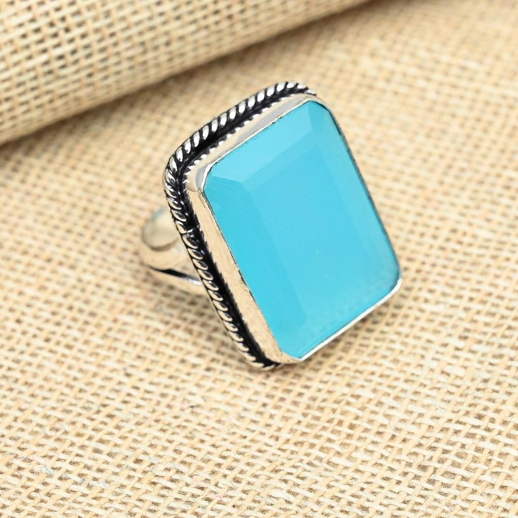 Aqua Chalcedony Gemstone 925 Sterling Silver Handmade Jewelry Design Ring For Her