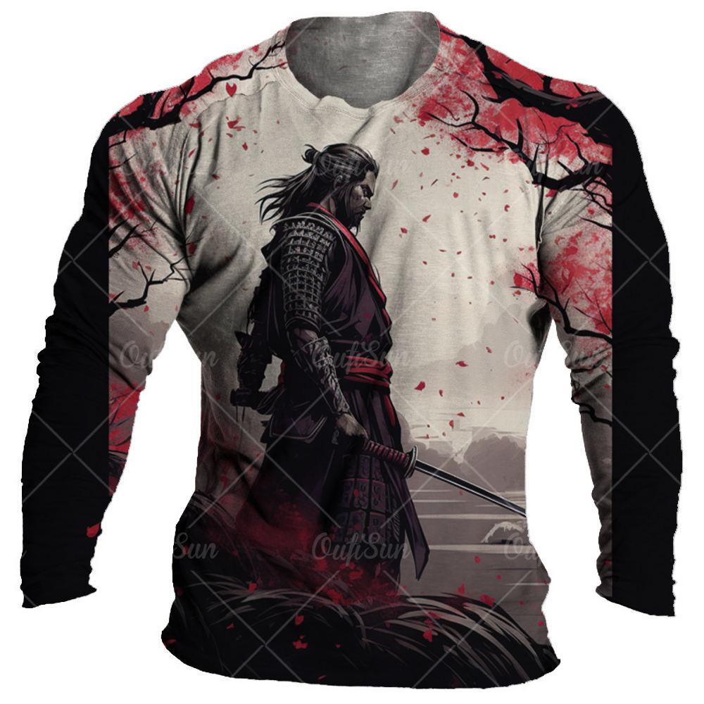 Japanisches Samurai-T-Shirt aus Baumwolle mit 3D-Aufdruck im japanischen Stil, langärmelige Oberteile, lässiges Herren-T-Shirt, übergroße Vintage-Herrenbekleidung