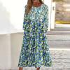 Women's Casual Round Neck Floral Print Midi Dress Long Sleeve Pocket Dress