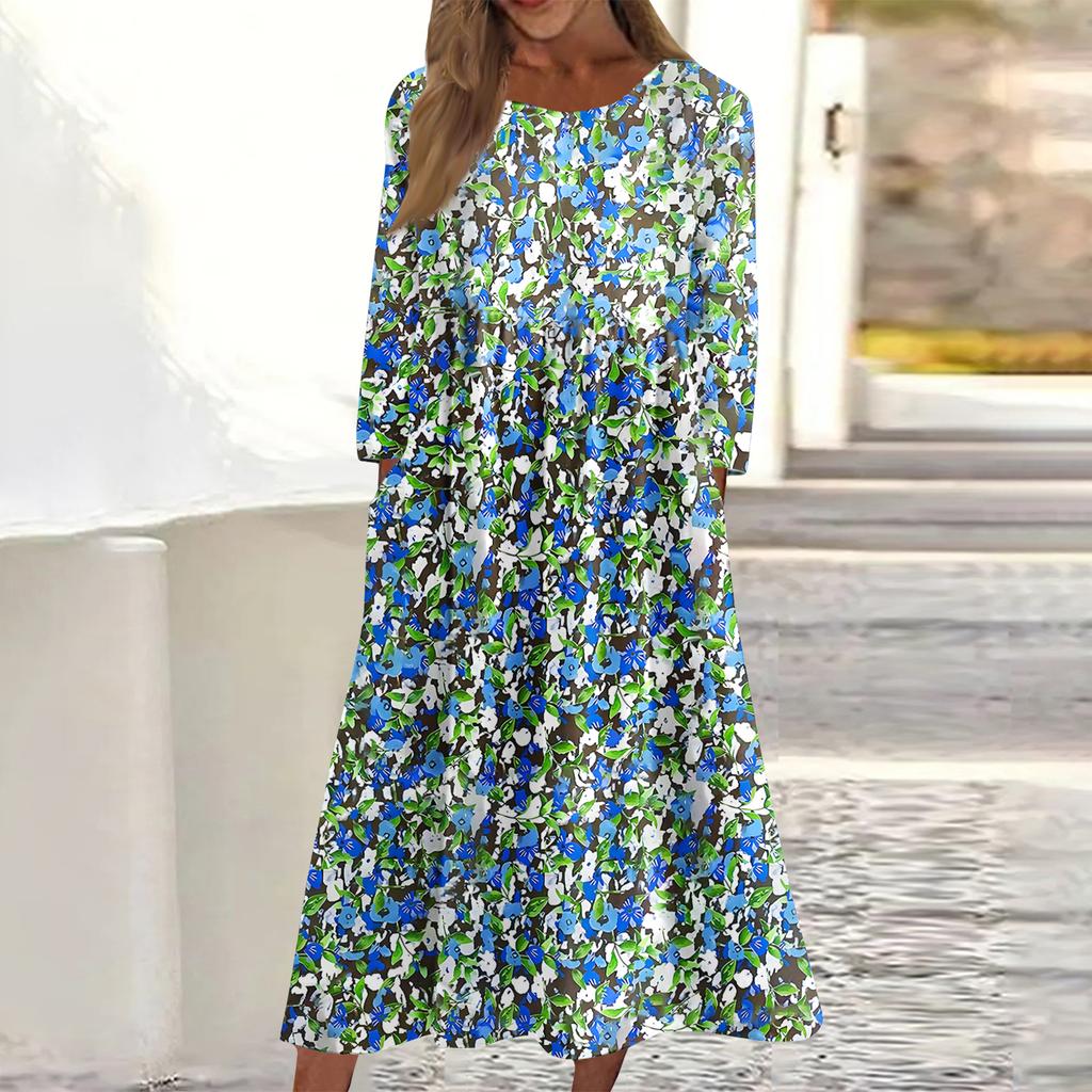 Women's Casual Round Neck Floral Print Midi Dress Long Sleeve Pocket Dress
