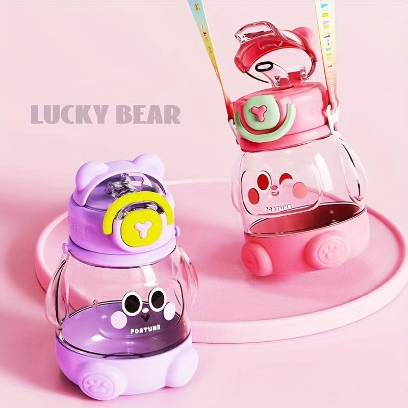 Cute Cartoon Student Water Bottle 600ml/20.29oz Food-Grade Material Portable with Straw and Strap for Travel Sports 1 Pack