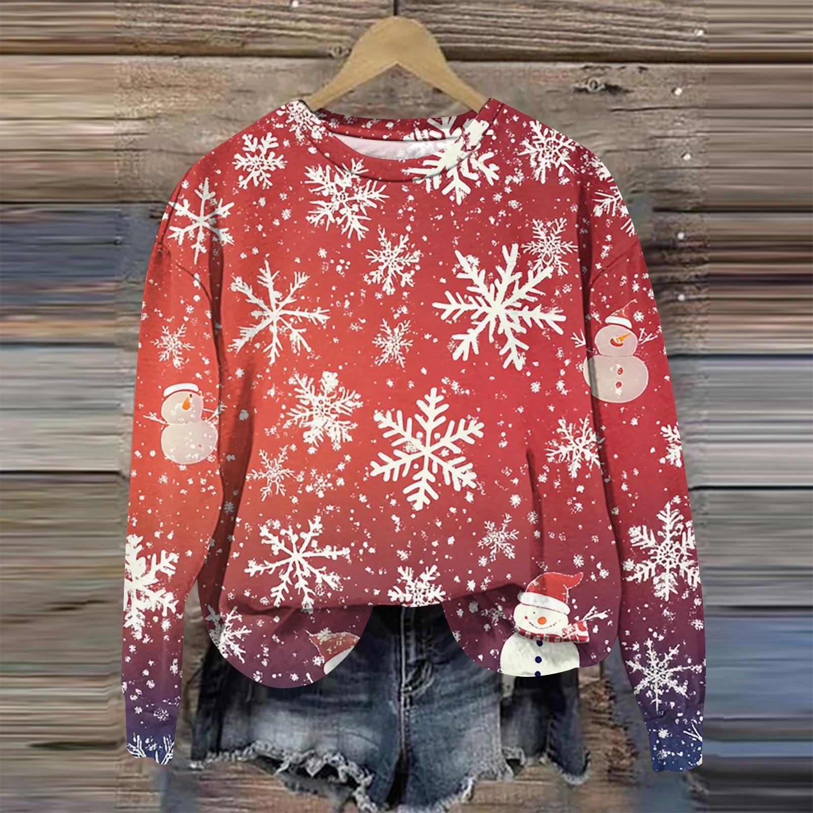 

Женская мода круглый вырез пуловер длинный рукав футболка рождественский принт топ S розовый