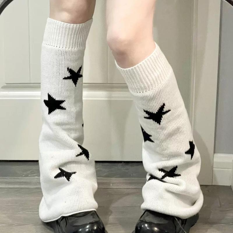 Reversible Star Print Sock Leg Warmers Japanese JK White Y2K Stacked Socks Lolita Knit Leggings Hot Girl Style