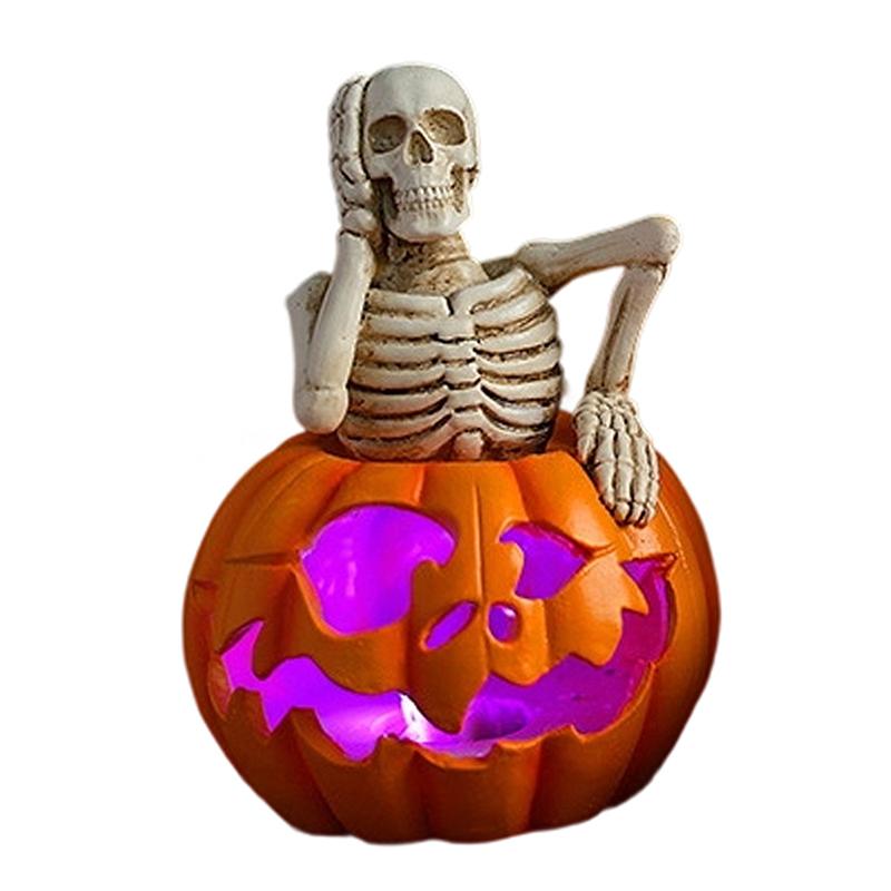 

Halloween Decorations Indoor Resin Skeleton On Pumpkin Lights Gift For Fireplace Tabletop Party Tiered Tray Decor Light Statue