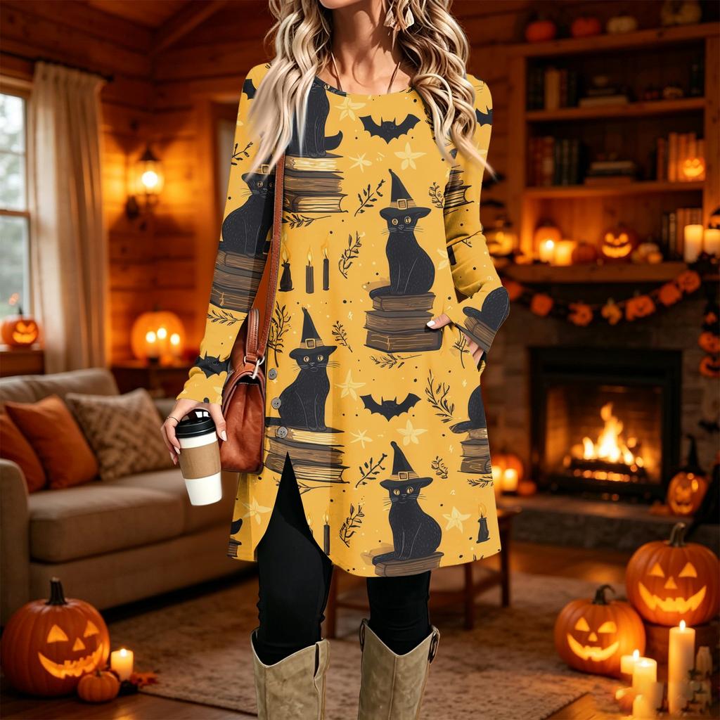 Damen Freizeitkleid mit Print, Langarm, Rundhalsausschnitt für den Alltag