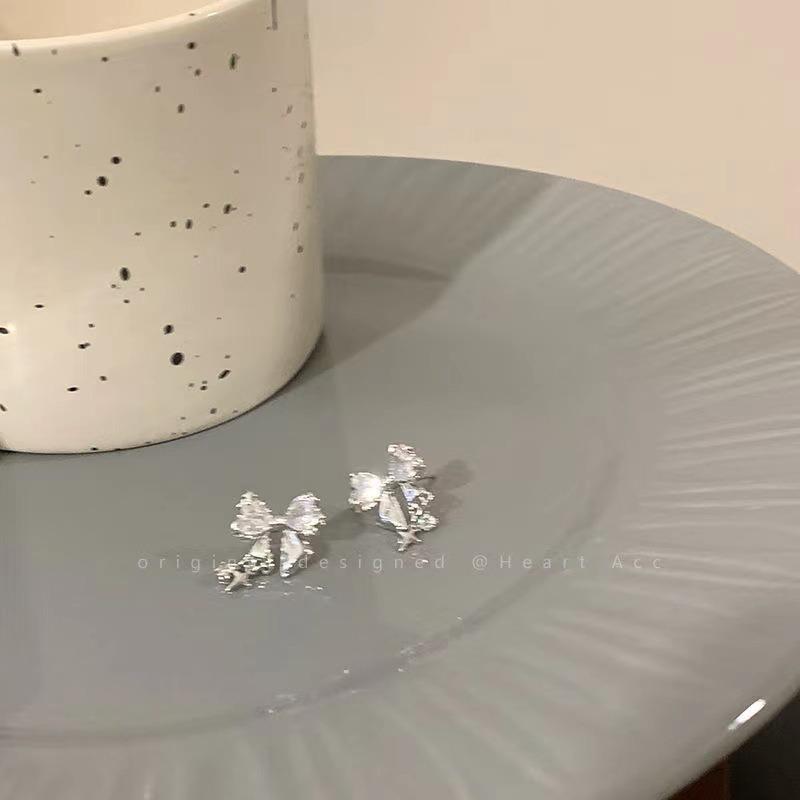 Y2K Bowknot Zircon Stud Earrings for Women Fashion Korean Silver Color Pink Crystal Personality Earring Girl Party Jewelry Gifts