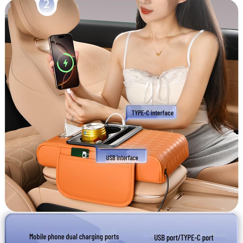 Rhombus Charging Car Armrest with Nappa Leather, Dual Cup Holder, Storage & Tissue Box.