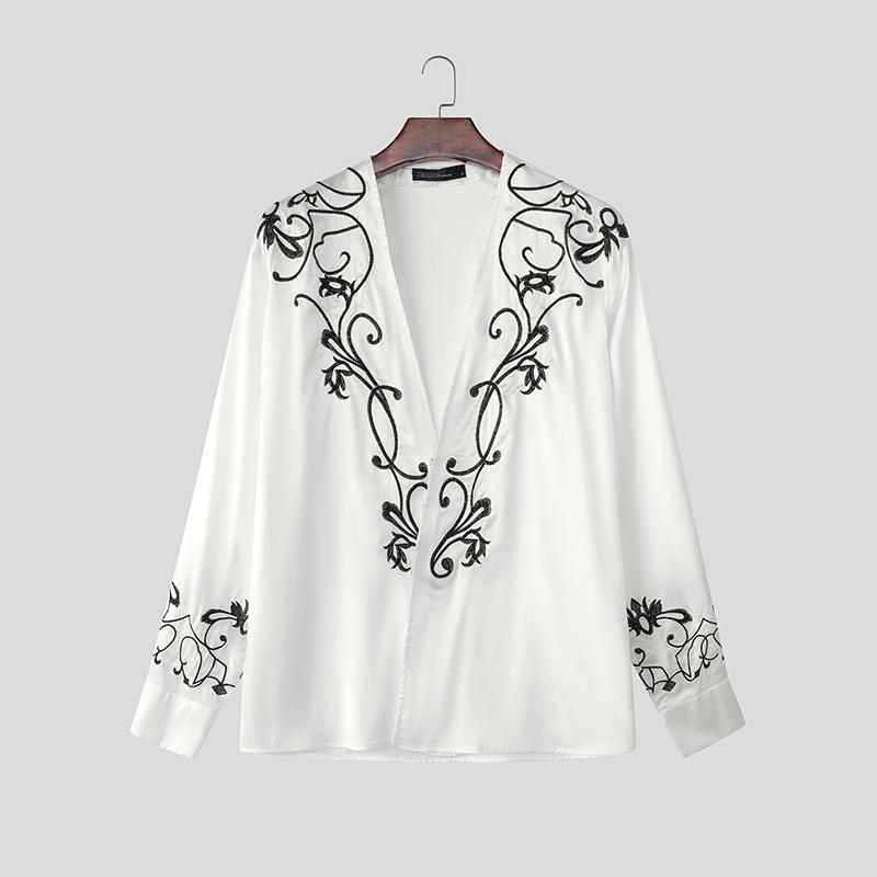 INCERUN Men Deep V Neck Long Sleeve Embroidery Casual Oversized Shirts