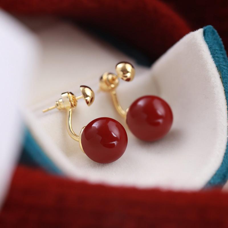 Ankra Red Bean Pearl Earrings Chinese Style Stud Earrings Niche Design French Retro Front And Rear Earrings
