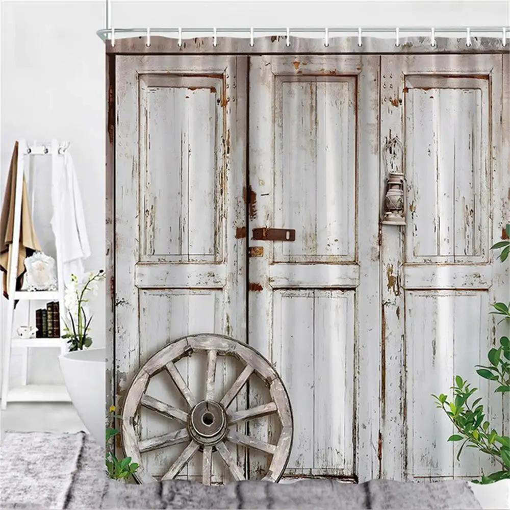 Old Wooden Door Shower Curtain Farm Barn Door Rural FarmHouse Decoration Polyester Fabric Bath Curtain Bathroom Accessories Set