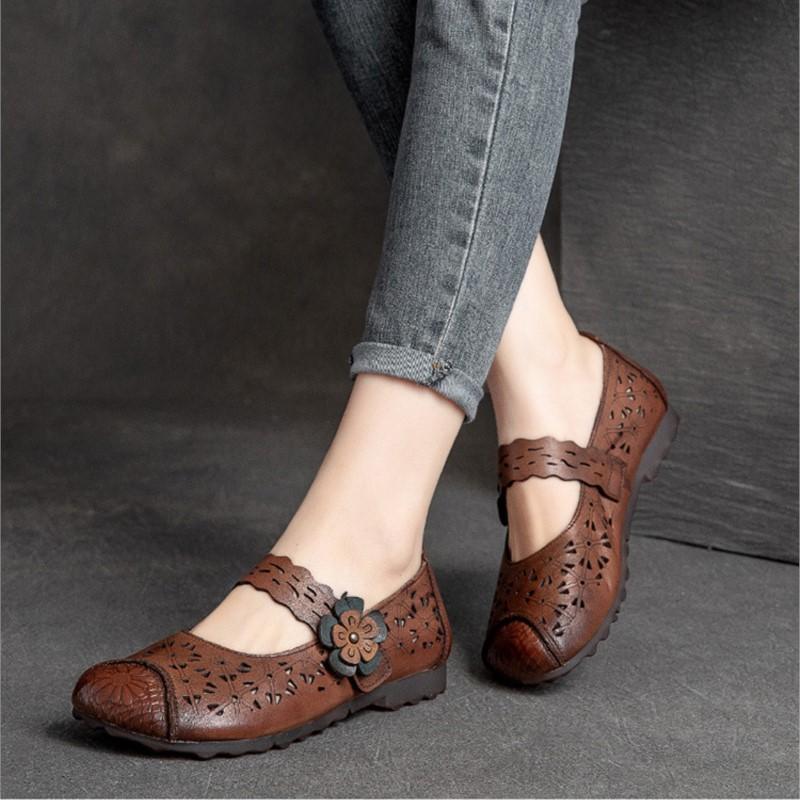 Johnature Duté sandály s plochým dnem z pravé kůže Retro univerzální dámská obuv s měkkou podrážkou