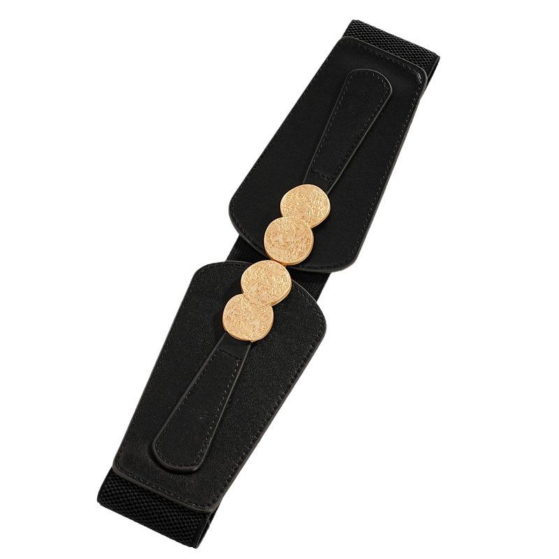 Retro Women's Wide Elastic Waist Belt with Interlocking Buckle - Available in Black and Camel Colors for Coat or Sweater.
