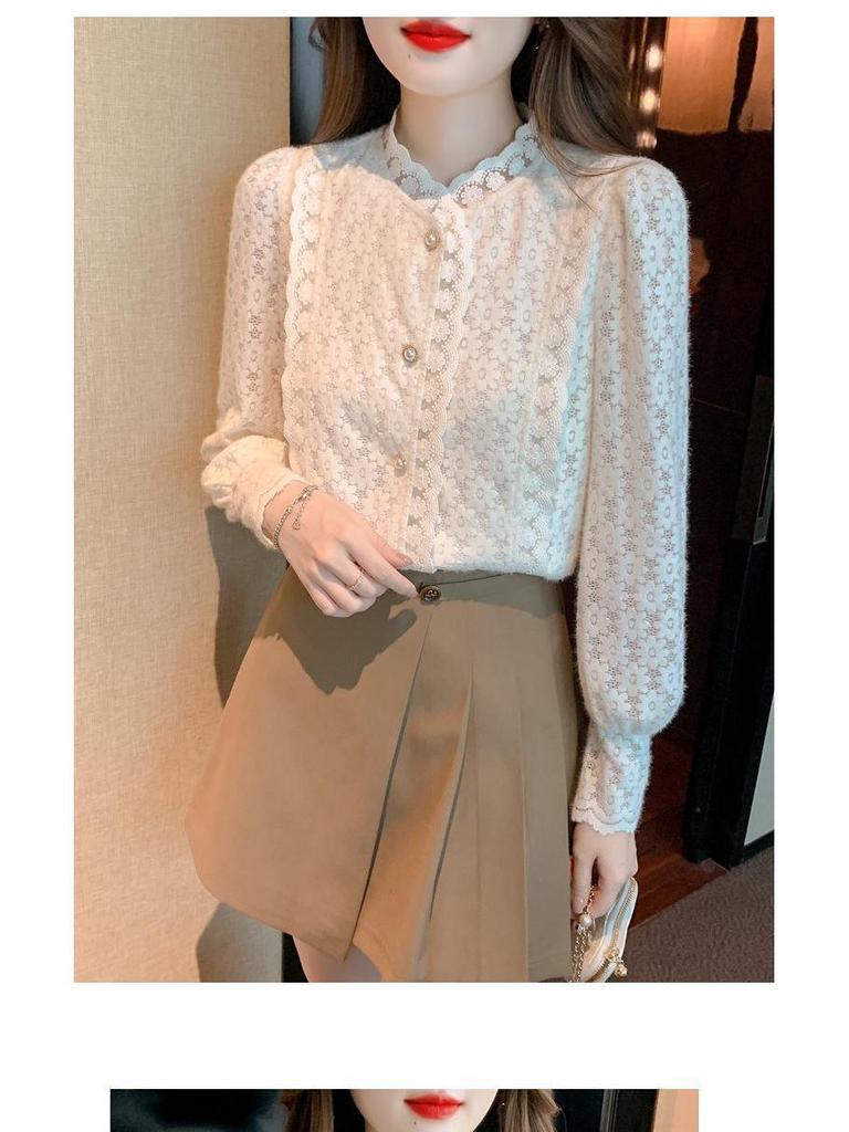 Women's Plush Lace Long-Sleeve Shirt - Stylish and Warm Autumn/Winter 2024 Top