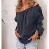 Women's Off Shoulder Long Sleeve Blouse Loose Fit Ruffle Elastic Neck Solid Color Linen Top For Spring Autumn