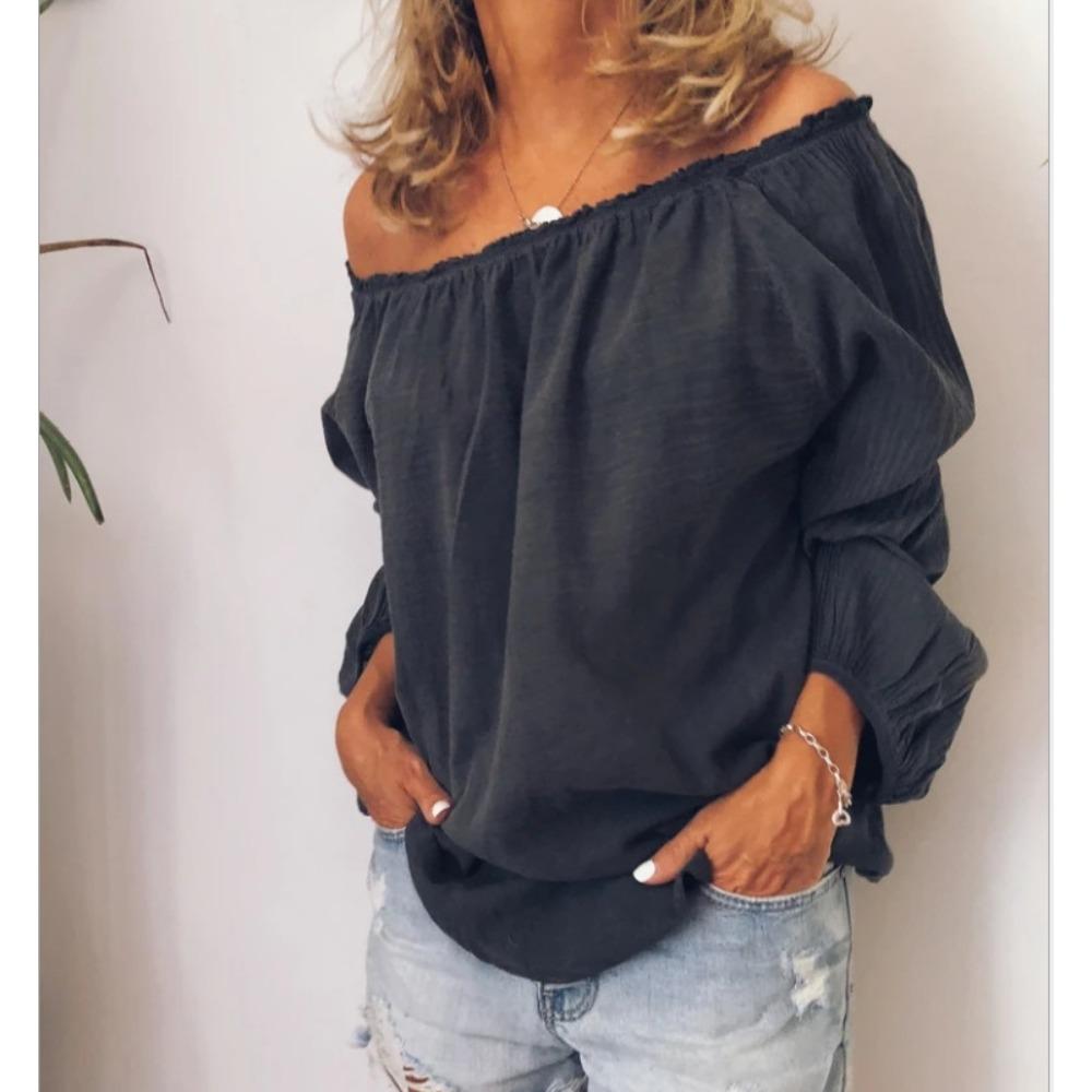 Women's Off Shoulder Long Sleeve Blouse Loose Fit Ruffle Elastic Neck Solid Color Linen Top For Spring Autumn