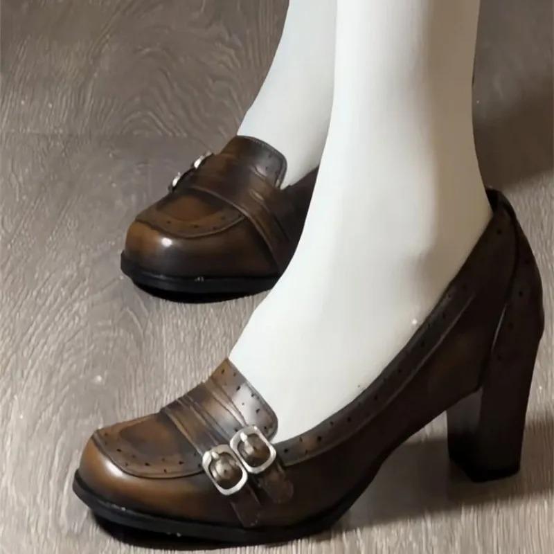 Women Loafer Fashion Shallow Slip Vintage Female Elegant Thick Heel Mary Jane Shoes Ladies Dress Pumps