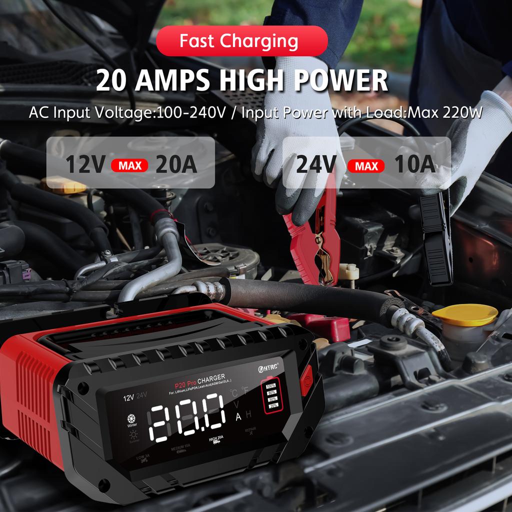 12V 30A/26A/20A Smart Car Battery Charger LCD 6V-12V-24V for Motorcycle Trickle Lithium LiFePO4 Lead-acid AGM Battery Repair