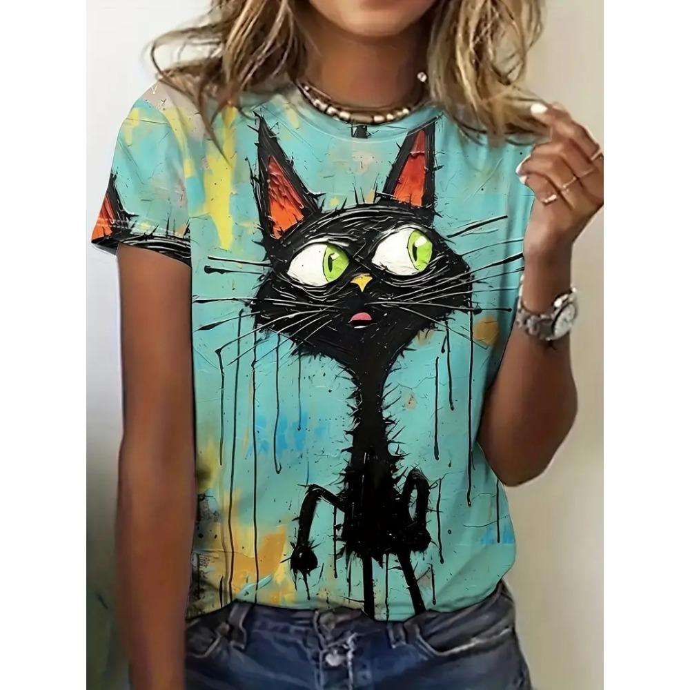 Schäferhund Katze T-Shirts Tier Muster 3D Druck Damen O-Ausschnitt Kurzarm T-Shirt Street Y2k Harajuku T-Shirts Tops Damenbekleidung