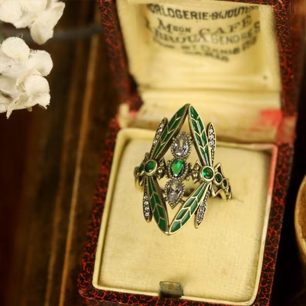 Retro Bohemia Green Glazed Crystal Dragonfly Wide Opening Adjustable Rings for Women Exquisite Luxury Jewelry Accessories Gifts