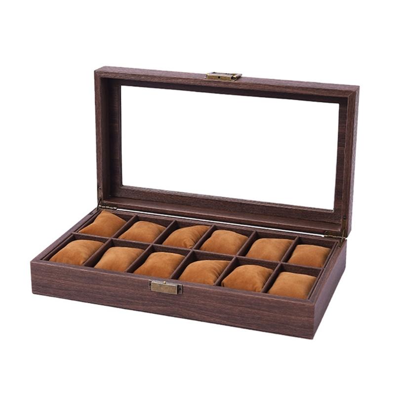 2/3/6/10/12 Grid Watch Box Wood Watch Cases Display Holder Wristwatch Organizer Jewelry Gift Box with Clear Lid & Pillow