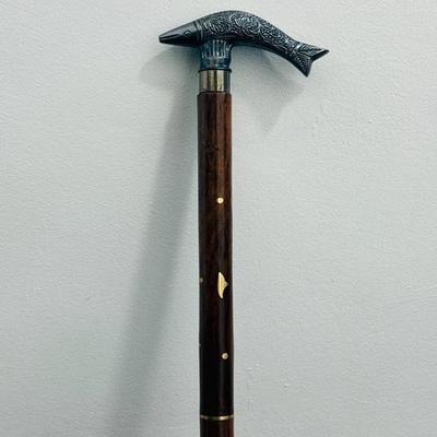 Wooden Walking Stick Antique Style Brass Victorian Fish Handle Cane Gift London Seller