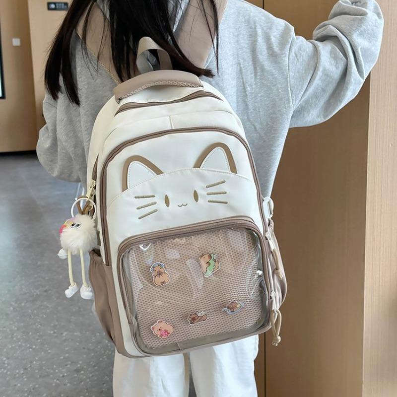 Japanese Ins Cute Cat Backpack Female Transparent Bar Pain Bag New Large-capacity Schoolbag Middle School Student Backpack