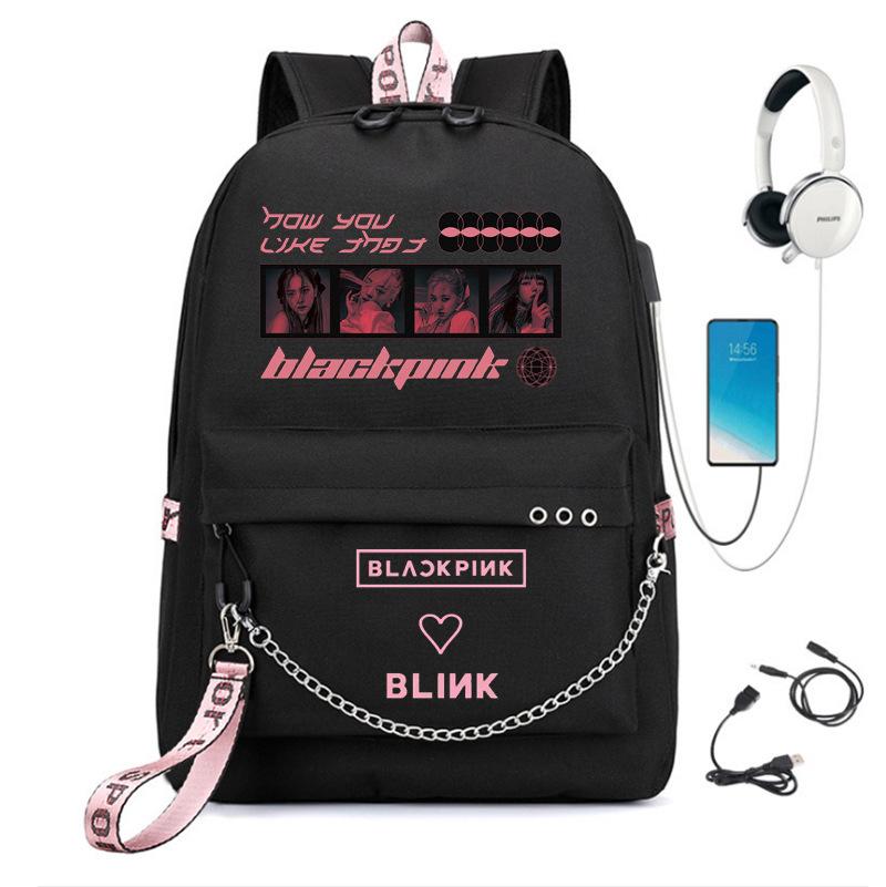 Fashion Black Backpack Pink Girl School Bag Travel Bag Laptop Chain Backpack Usb Headphone Port 19 inches