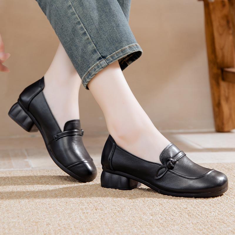 Spring New Leather Soft-soled Mother Shoes Retro Cowhide Ethnic Wind Non-slip Thick Heel Women's Single Shoes
