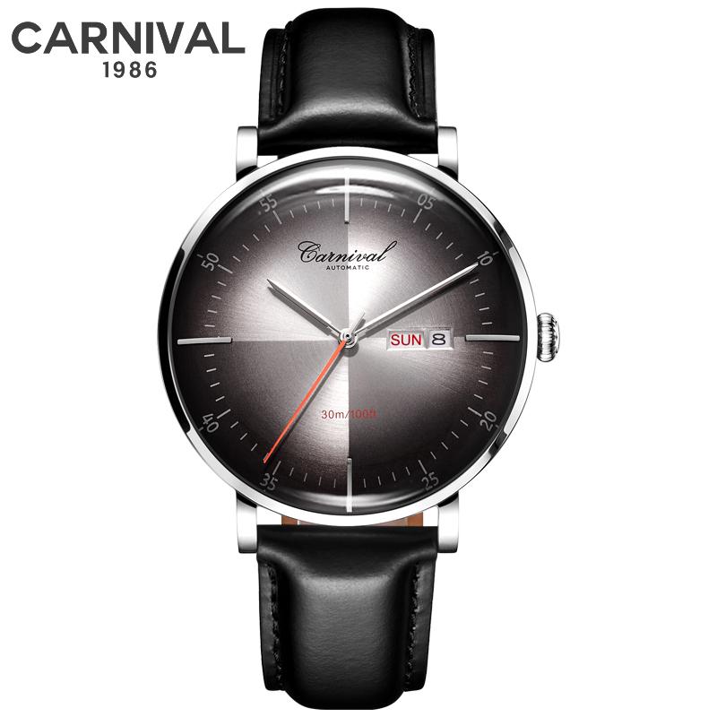 Carnival Marke 3D Gewölbtes Zifferblatt Luxus Automatikuhr für Mann Leder Wochentag Datum MIYOTA Mechanische Uhr Sport-Armbanduhr Männlich
