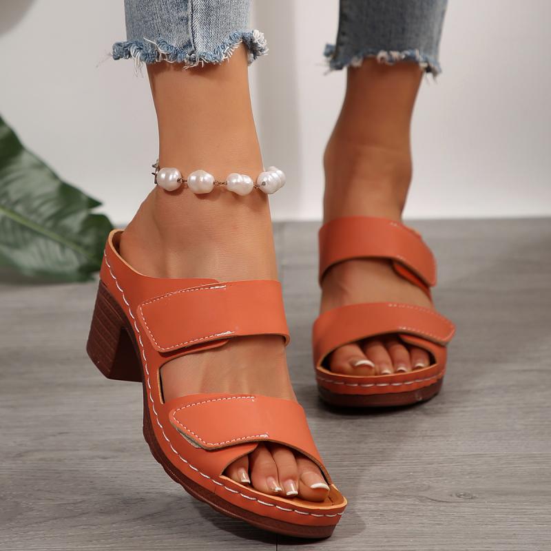 

Fashion Comfortable High Heels Slippers Women 2025 Summer Orange Velcro Patch Decoration Shoes Women Soft Rubber Walking Shoes Woman 43 оранжевый