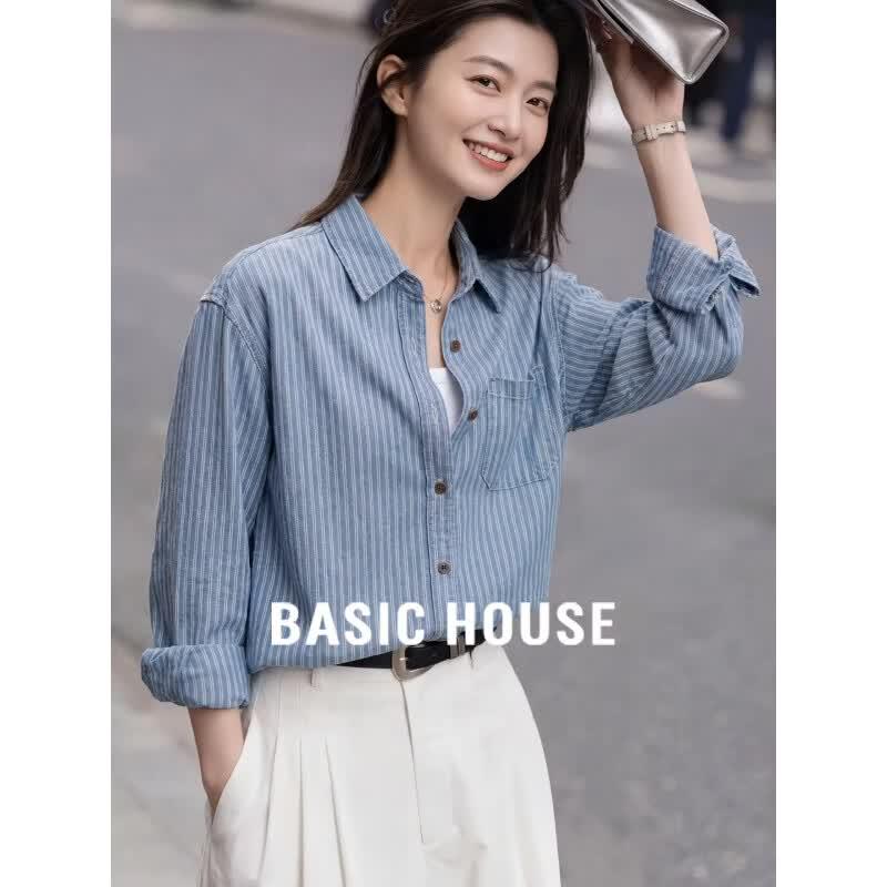 Basic House Women s Striped Cotton Long-Sleeve Shirt M