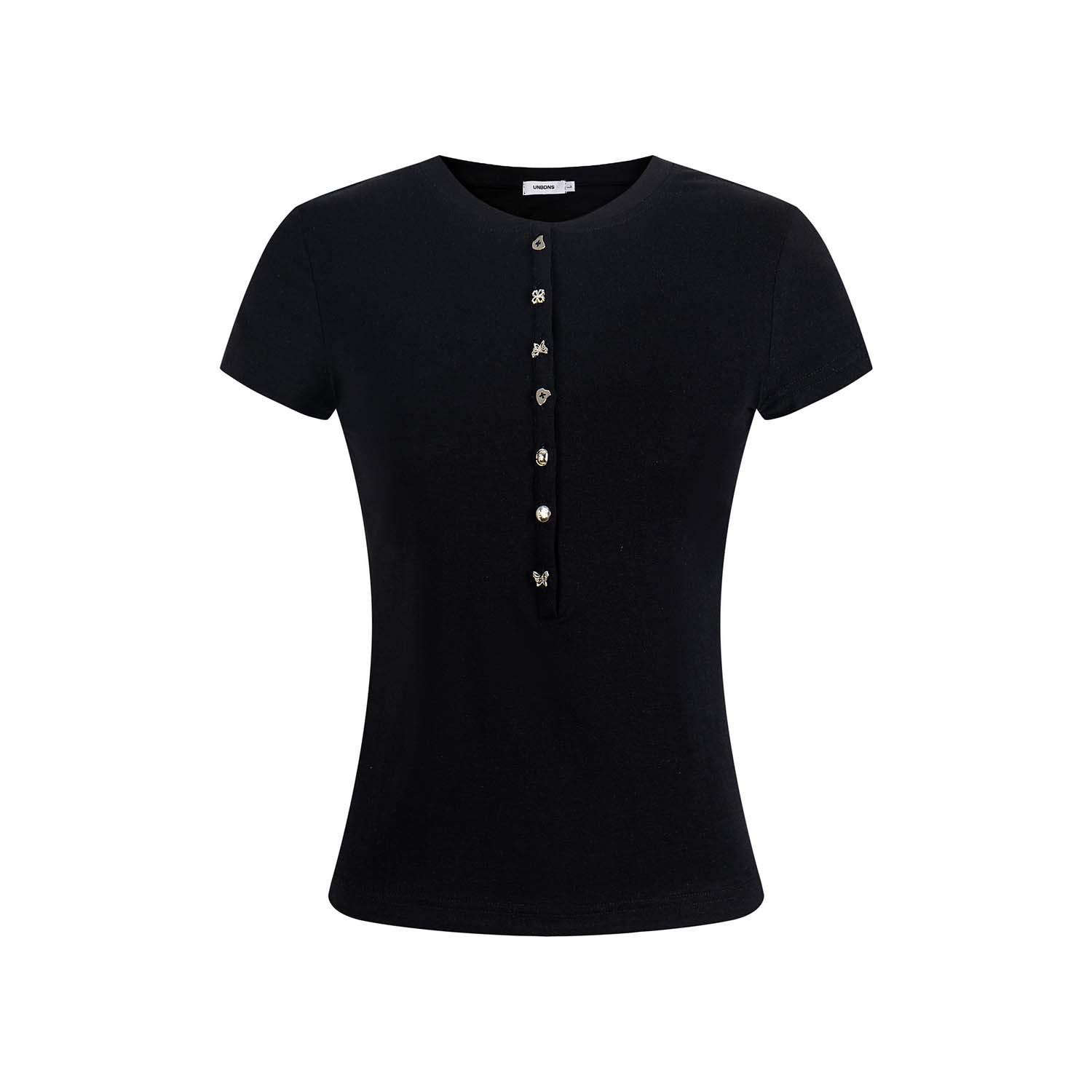 

Women s Black Henley Collar Short Sleeve T-shirt - Summer Casual Slim Fit Design Small чёрный