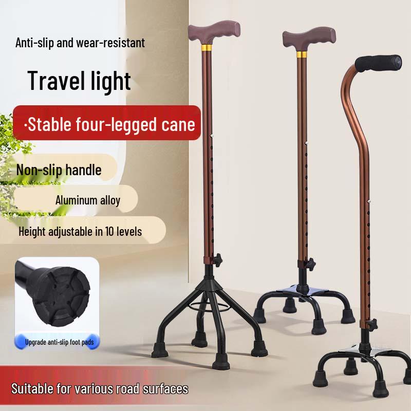 Bronze Curved Handle Aluminum Alloy Quad Cane for Seniors, Adjustable Height Non-Slip Mobility Aid