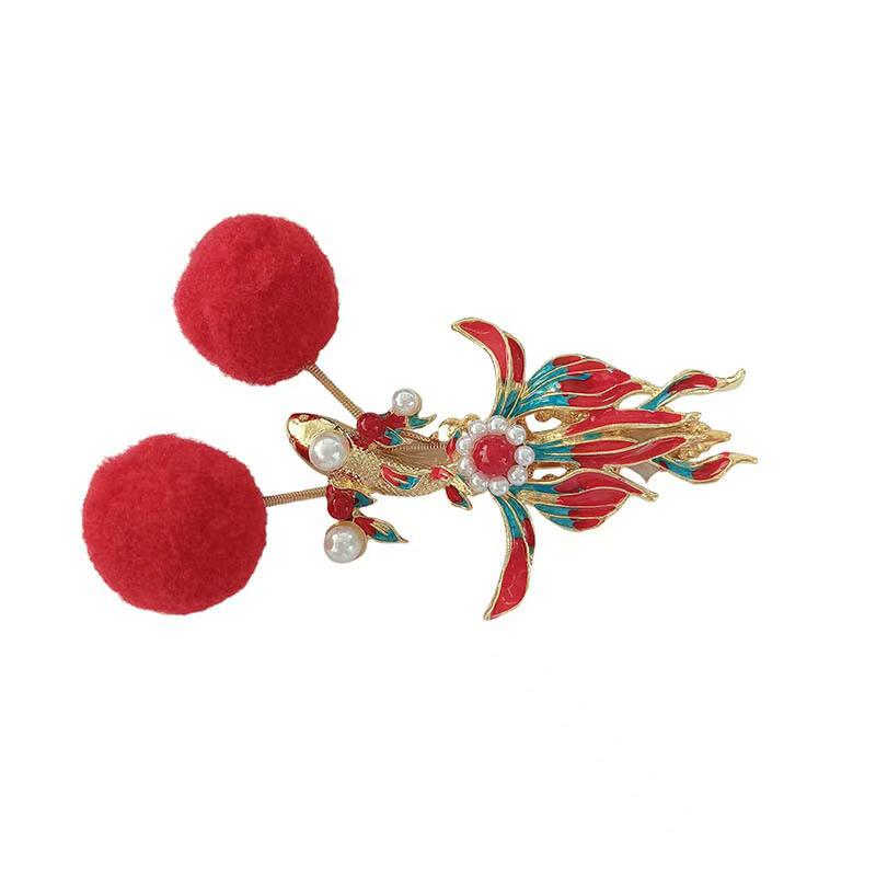 Ancient Style Hanfu Koi Pom-pom Children's Festive Red Hair Clips