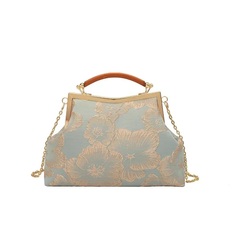 Embroidered Chinese Flower Shoulder Crossbody Bag Vintage Elegant Evening Clutch Bag Phone Bag with Chain Strap and Shield Buckle