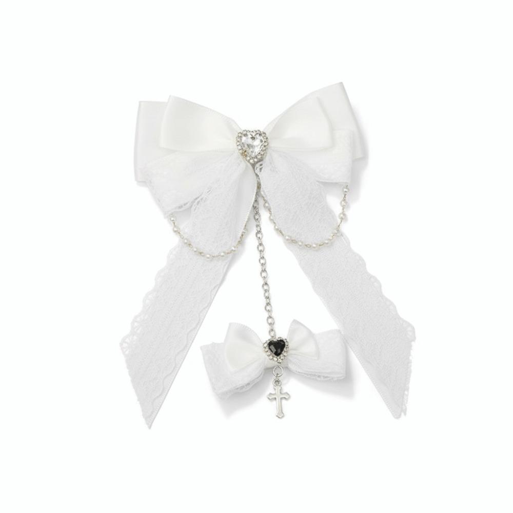 

Lace Design Gothic Hair Clips Rhinestone Decoration Chain Detail Lace Bow Hair Clips Cross Pendant Bow Shape Side Barrettes