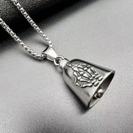 Skeleton Hand Pendant Necklace Motorcycle Biker Bell Pendant Necklace Flip-off Hand Bell Charm Necklace Gift for Men Women