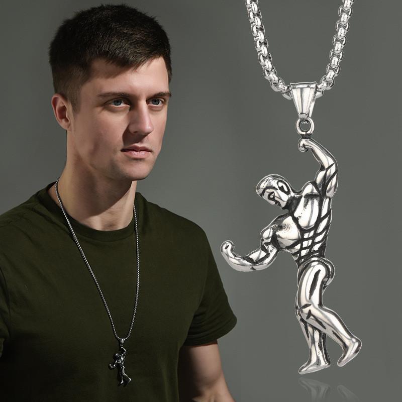 Stylish Silver Muscle Man Pendant Necklace For Men In Trendy Korean Design Fashion