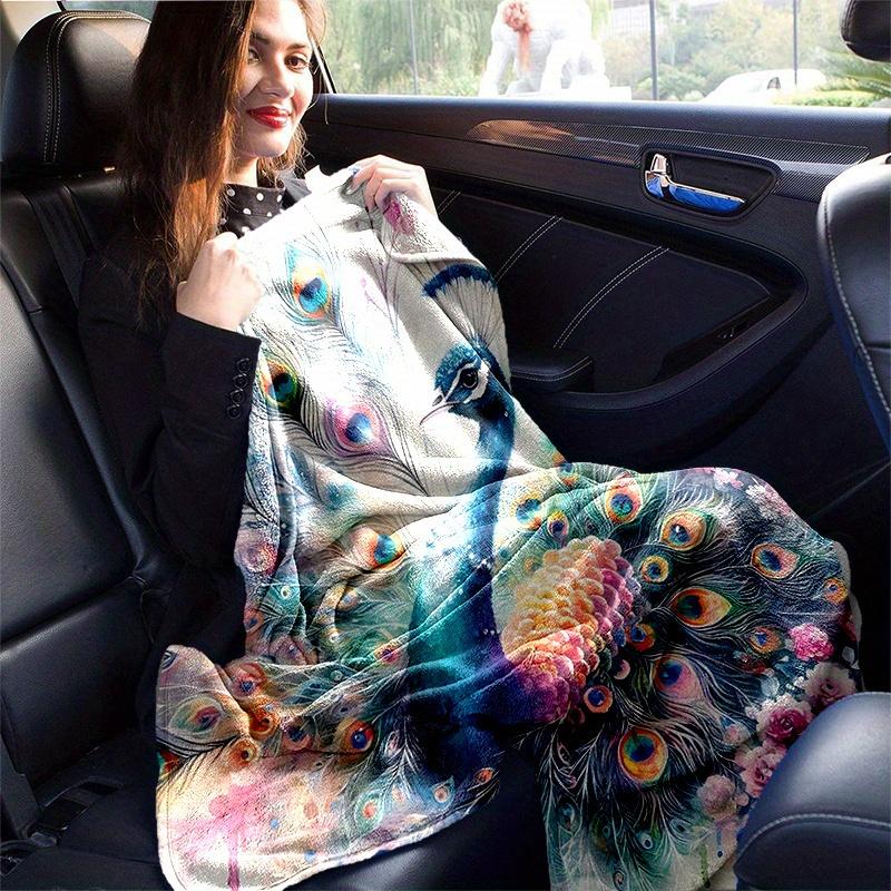 1pc Colorful Peacock with Feathers Spread Amidst Flowers and Nature's Beauty Blanket  Soft, Travel Use, Living Room, Travel, Camping, Car Blankets