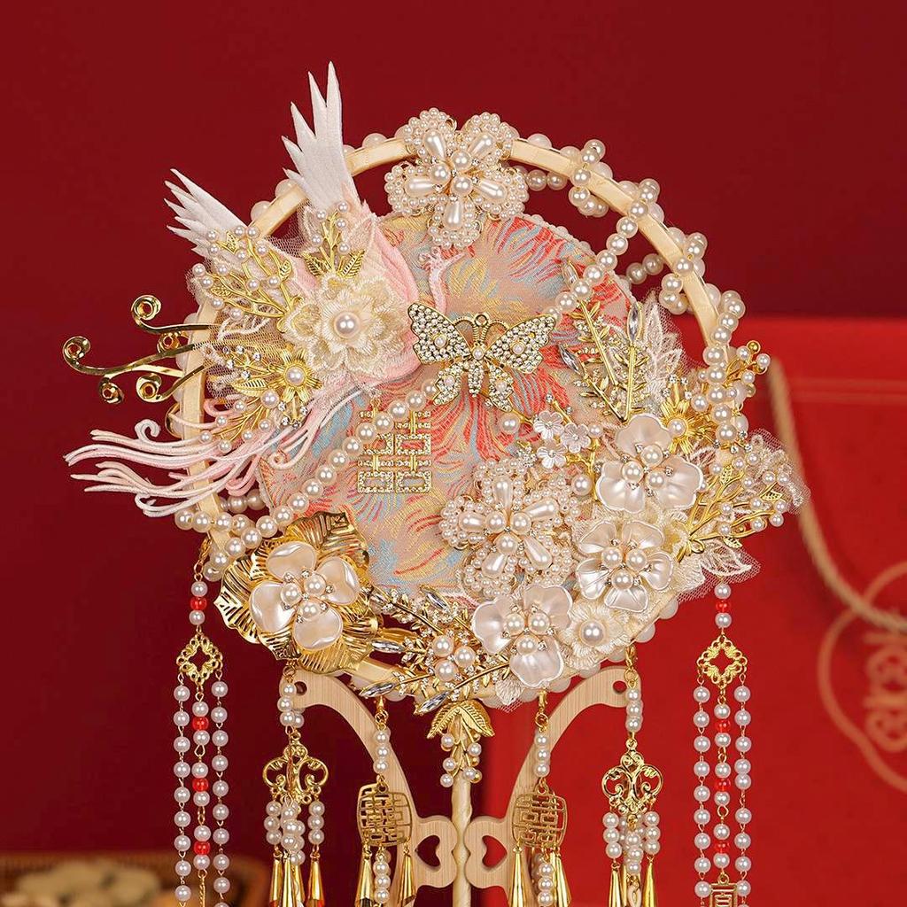 Double-Sided Round Wedding Fan Bridal DIY Kit - Happy Fan for Xiuhe Dress Wedding Gift